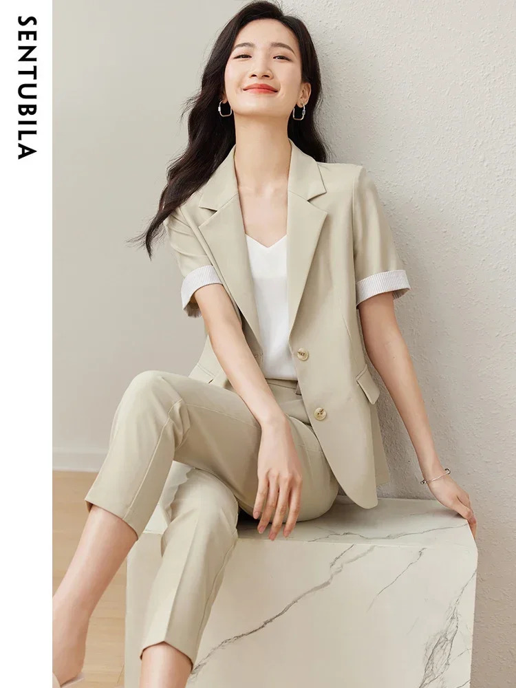 SENTUBILA Summer Blazer Pants Suit Women Short Sleeve Jacket Pencil Cropped Pant Office Lady TwoPiece Set 132Z49796 250612