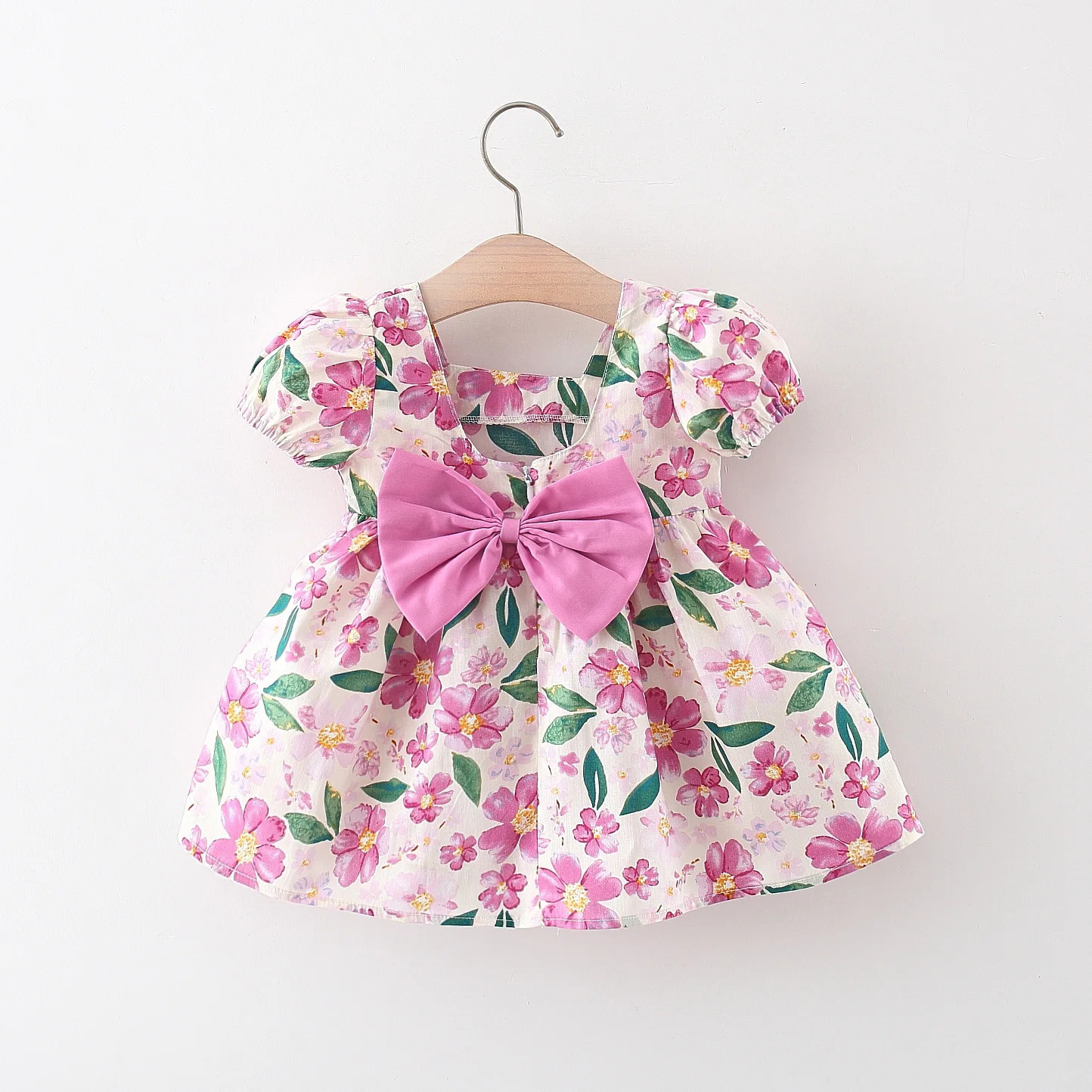 Baby Girl Summer Cotton Love Print Bow Small Square Neck Dress Girl Korean Fashion Bubble Sleeve Party Dress 250617