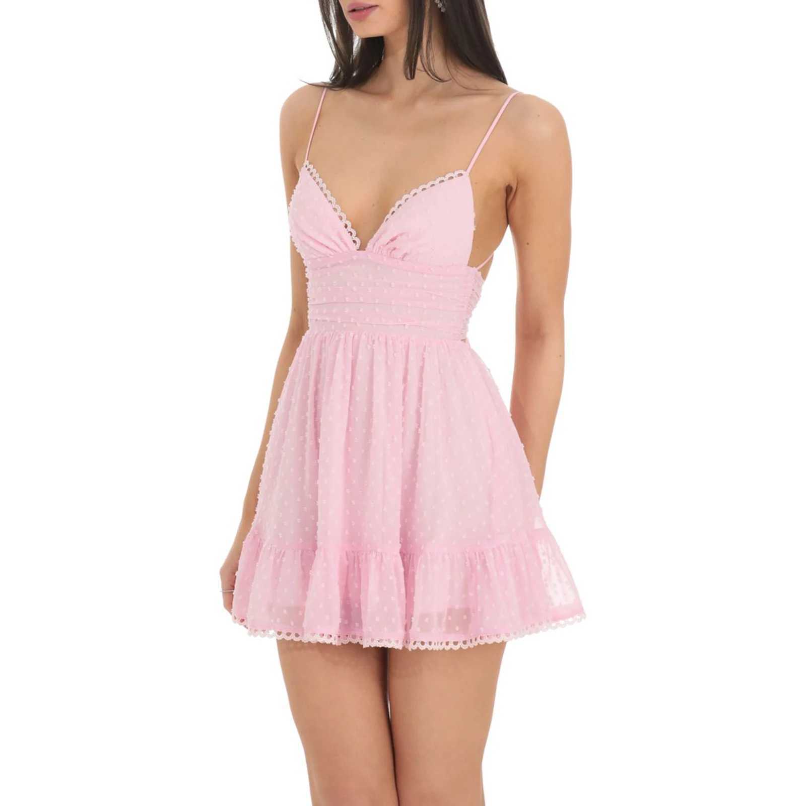 Swiss Dot V-Neck Spaghetti Strap Sleeveless Mini Dress A-line Dress Summer Tie-Up Backless Dress Women Solid Color Cami Dress T250617
