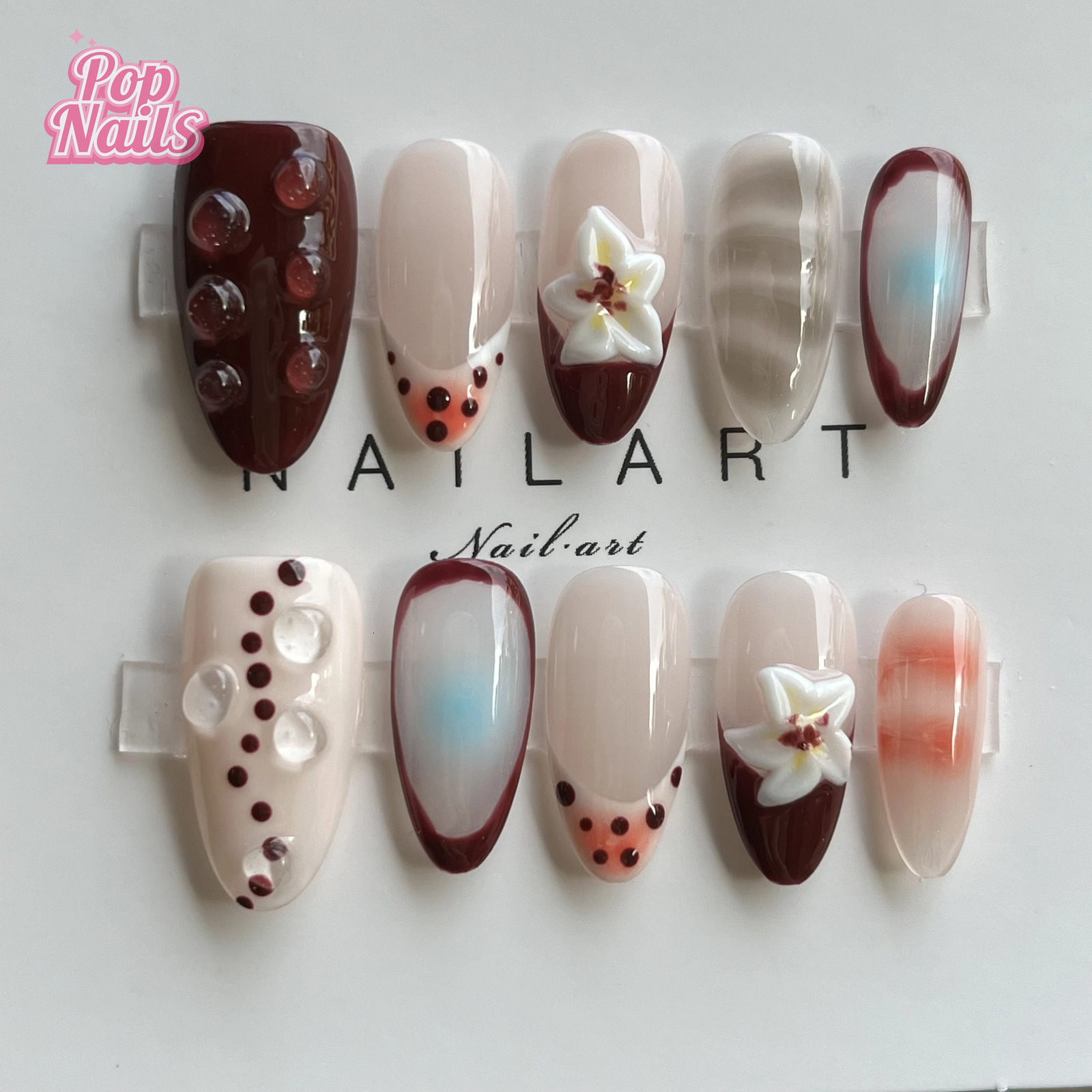 Fall Press on Nails Hand Made Brown 3D Flowers Raindrop Autumn Goth Hand Paint Flower Reusable Short Medium Almond Handmade Nail 250612
