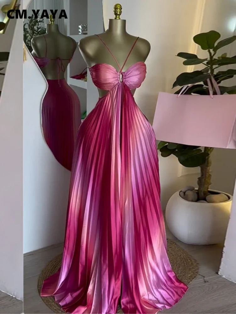 CM.YAYA 2025 Elegant Sleeveless Sweet Strapless Gradient Floor-Length Long Women Dress Beach Party Evening Sexy Pleated Dresses 250616