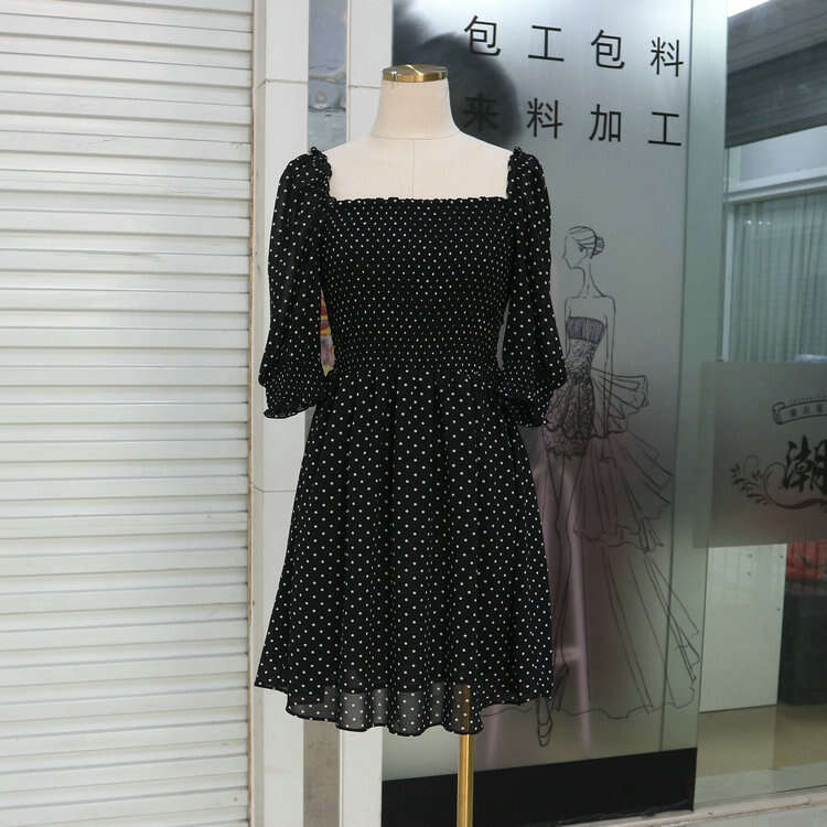 Black Dress Maxi Dress White Dress Vestidos Elegantes N095ref Chiffon Polka Dot Summer Black 2025 New Square Neck Short Sleeve Dress