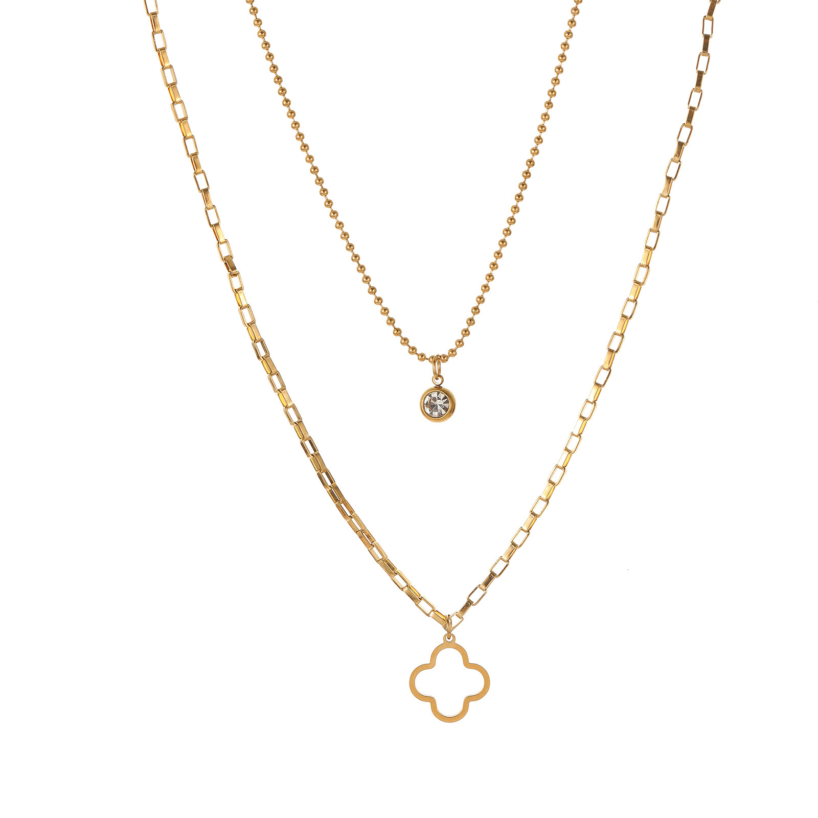 Double Layer Hollow Clover Titanium Steel Necklace for Women Multi-layer with Pendant