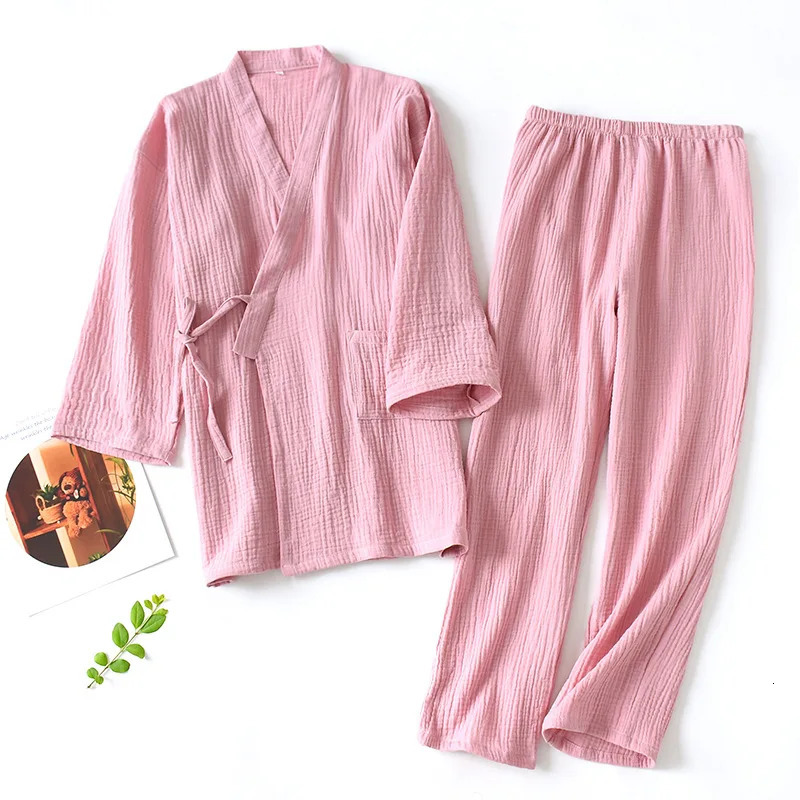 2025 Japanese Kimono Set 100%Cotton Pajamas Two-piece Couple Yukata Loose Mens And Womens Sweat Steaming Suit Home Service Set 250616