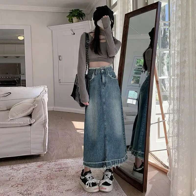 Jeans Skirts for Women Long High Waist Maxi Premium Korean Style Modest Casual Vintage Chic and Elegant Luxury Woman Denim Skirt