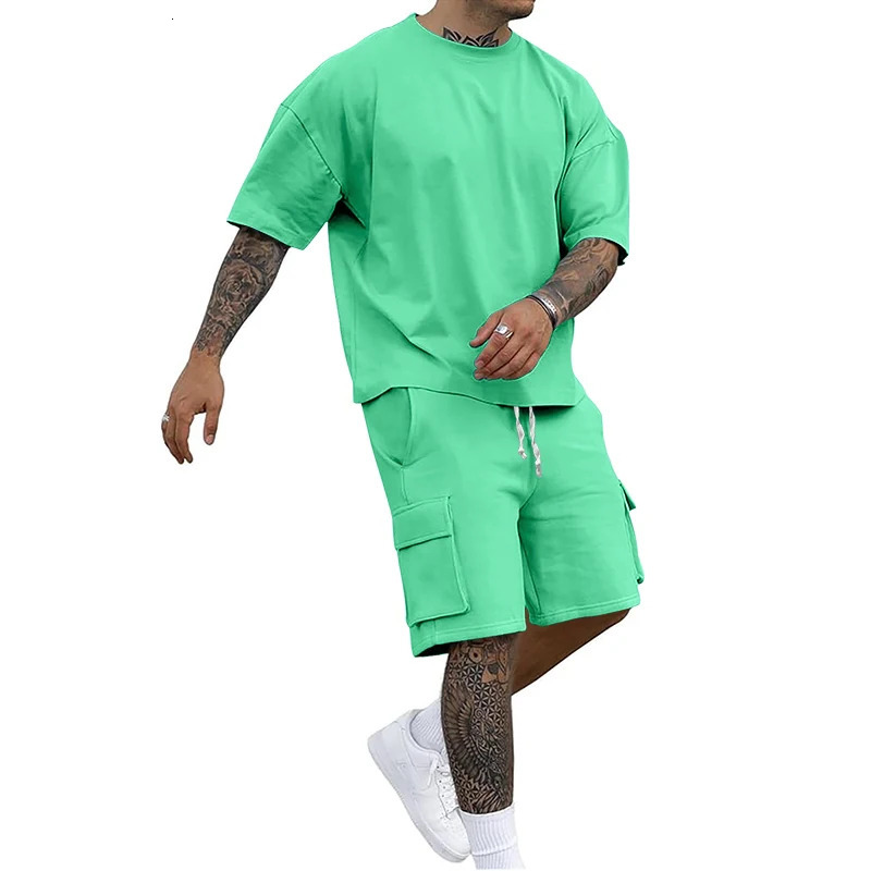 Summer mens round neck short sleeve T-shirt shirt shorts two-piece suit loose large size ice 250616