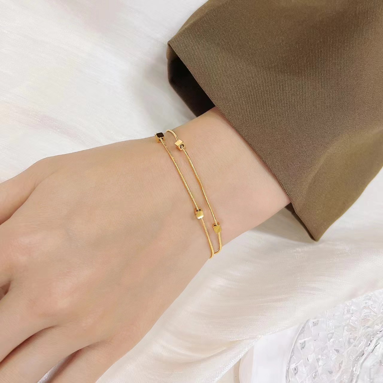 Fashion Light Style Versatile Elegant Small Square Double Layer Stacked Bracelet for Women Titanium Steel Non-Fading Jewelry
