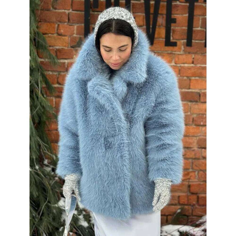 Thick Warm Women Coats Turn-down Collar Faux Fur Pocket Jackets Outwears 2024 Autumn Winter Soft Fluffy Ladies Overcoat