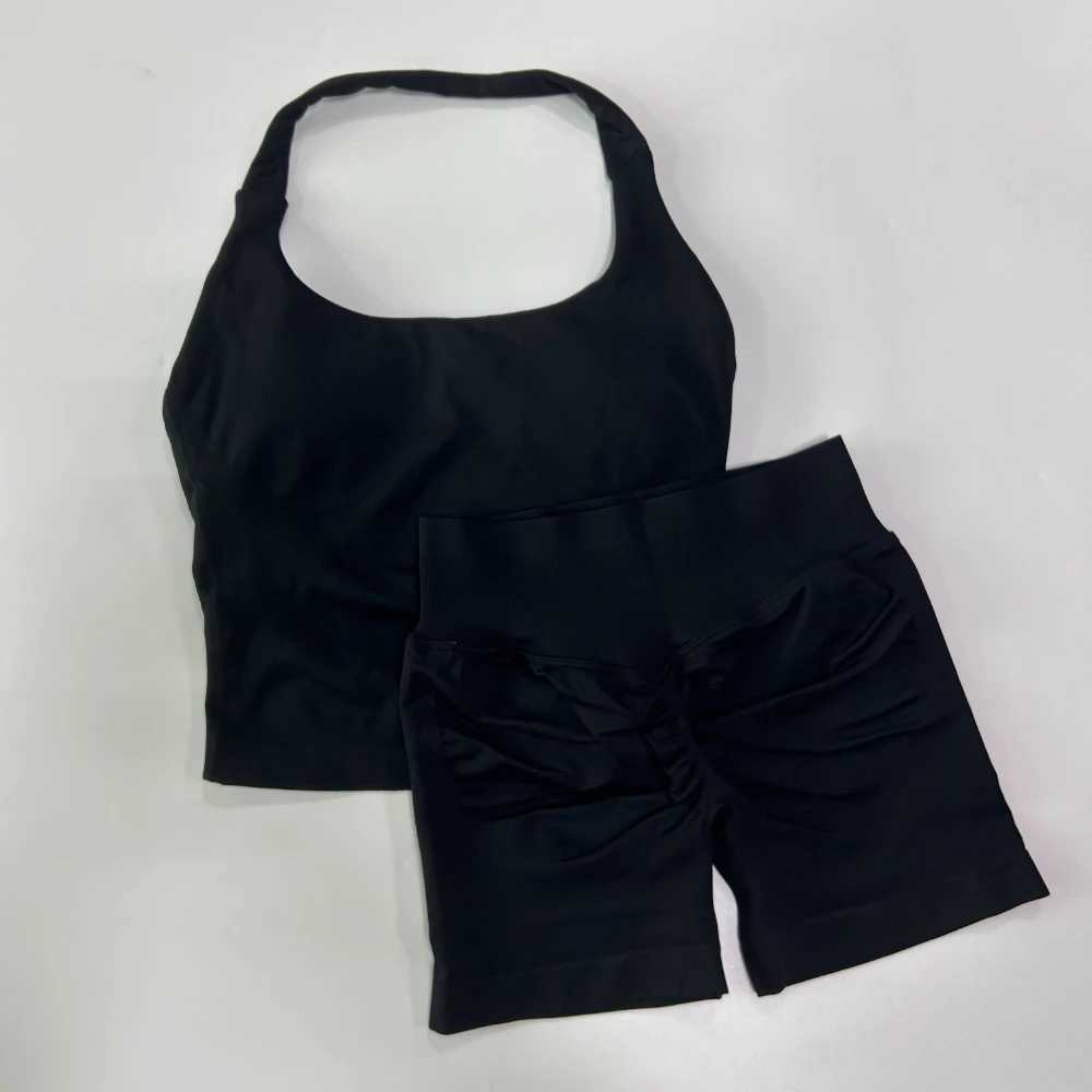 2pcs Gym Set Women Halter Tops High Waist Scrunch Seamless Shorts Clothes Activewear Workout Set Outfits Gym Suit W250617