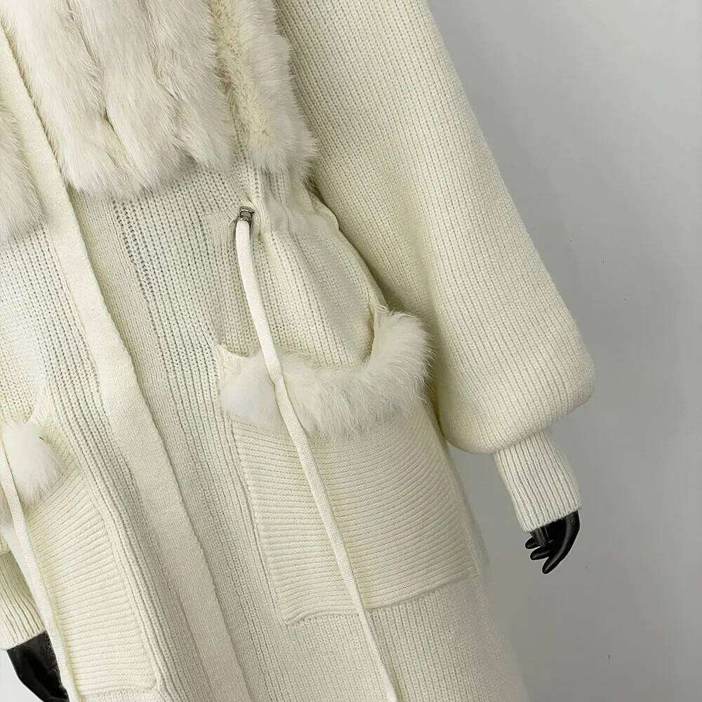 OFTBUY Long Cardigan Women 2025 New Spring Autumn Solid Sweater Lady Real Fox Fur Knitted Coat Fashion Hooded Knitwear Female