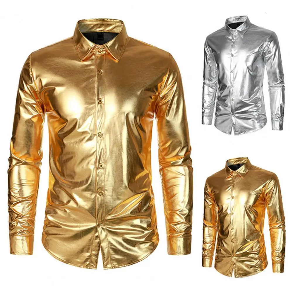 Solid Color Men Shirt Mens Glossy Satin Performance Shirt with Turn-down Collar Single-breasted for Club Party Stage 250616