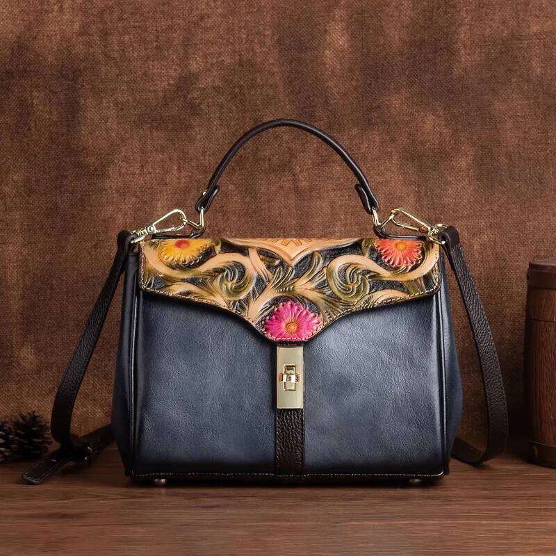 Vintage Genuine Handbag Woman First Layer Cow Leather Tote Bags 3D Floral Ladies Cowhide Shoulder Or Messenger Bag