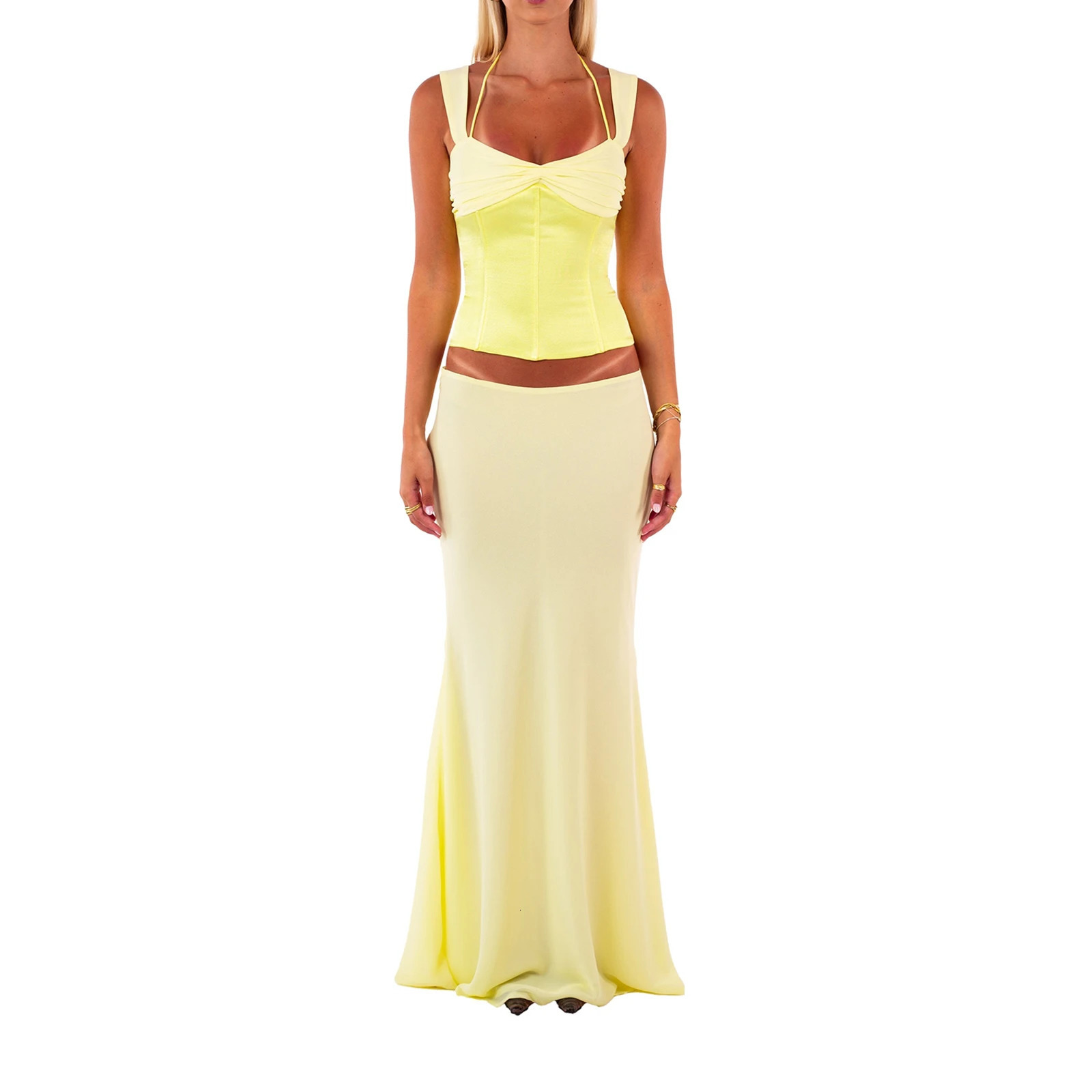 Women Summer Two Piece Maxi Skirts Sets Y2k Strappy Ruched Tank Tops Elegant Flared A-Line Long Skirt Vacation Beach Outfits 250617
