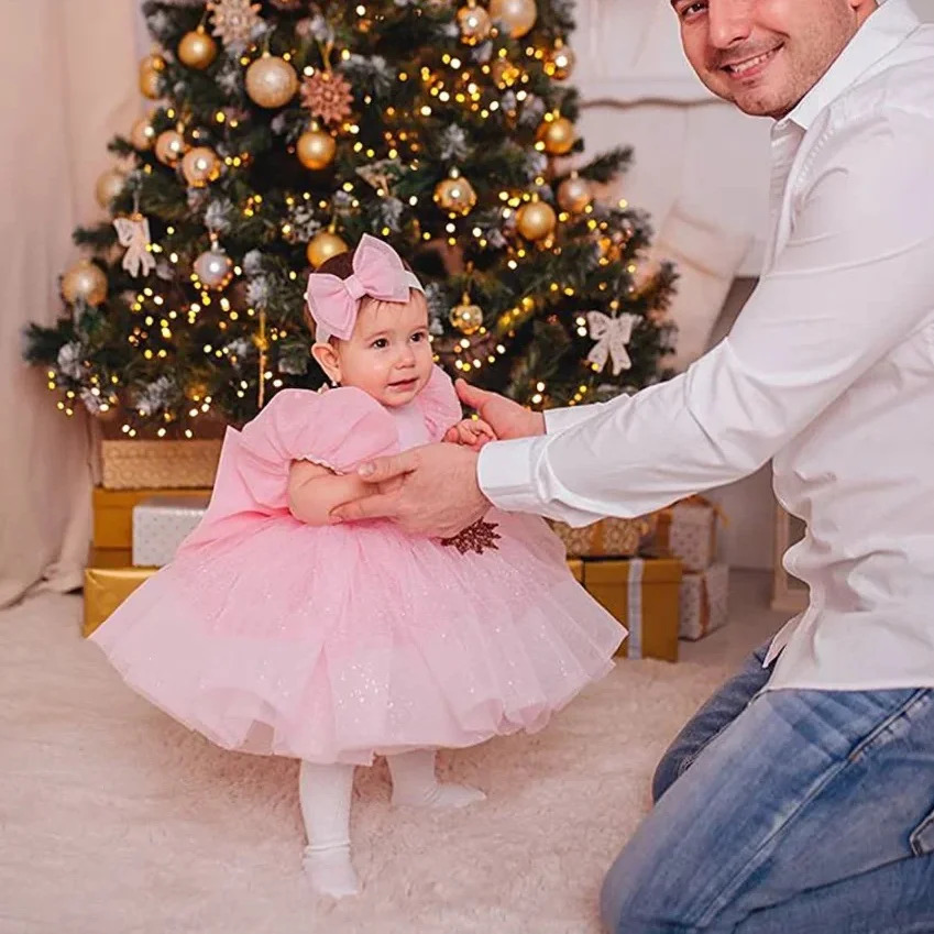 Baby Pink Flower Girl Dress Customized For Kids First Communion Dress Sparkling Beaded A-Line Short Sleeves Birthday Party Gowns 250617