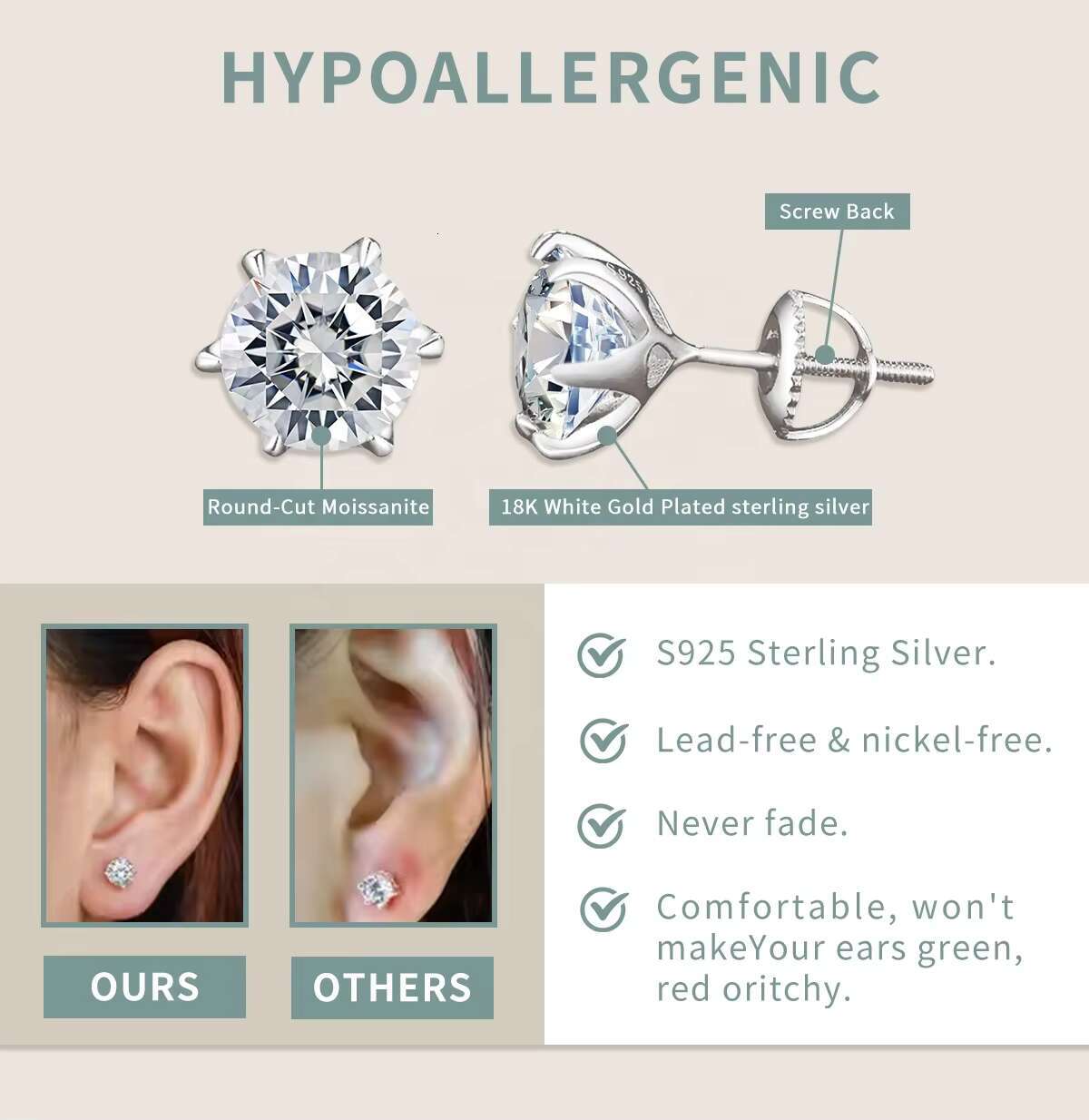 Classic 6-Prong Design Unisex Moissanite Stud Earrings 0.6-10CT Pr S925 Silver Platinum/Gold Plated Stocked at 0.6-10CT Pr