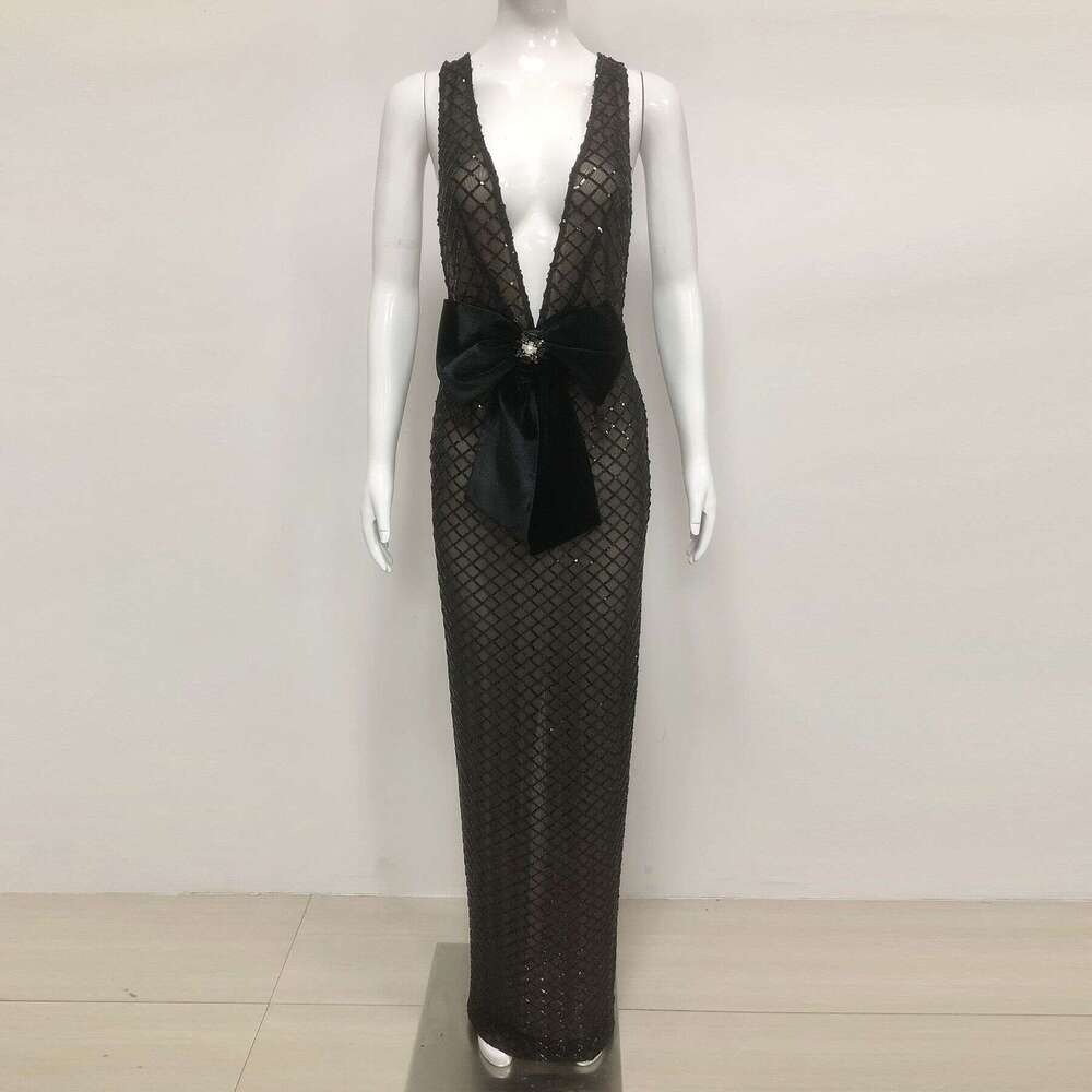 New Women's Sexy Mesh Lightweight Fashion Elegant with Deep V Design Long Dress