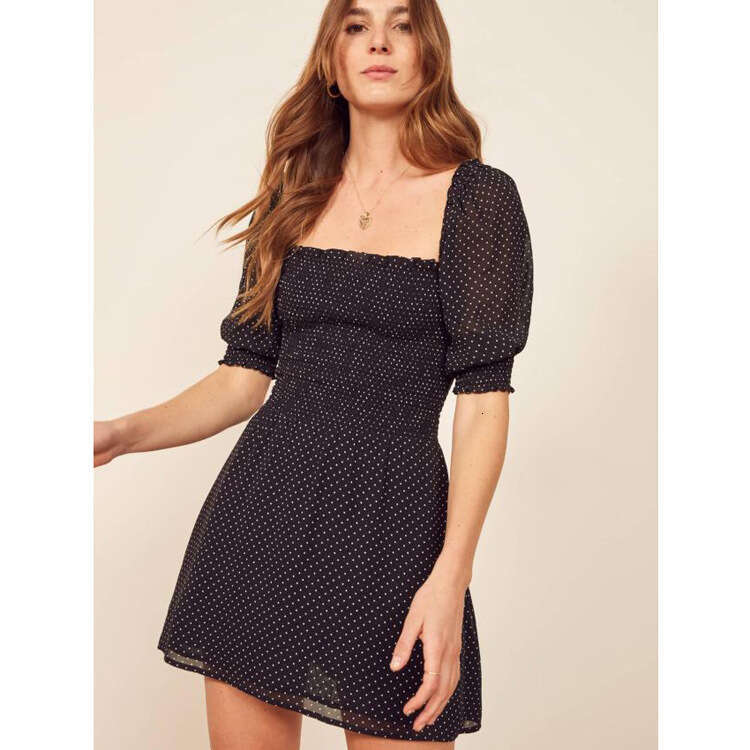 Black Dress Maxi Dress White Dress Vestidos Elegantes N095ref Chiffon Polka Dot Summer Black 2025 New Square Neck Short Sleeve Dress