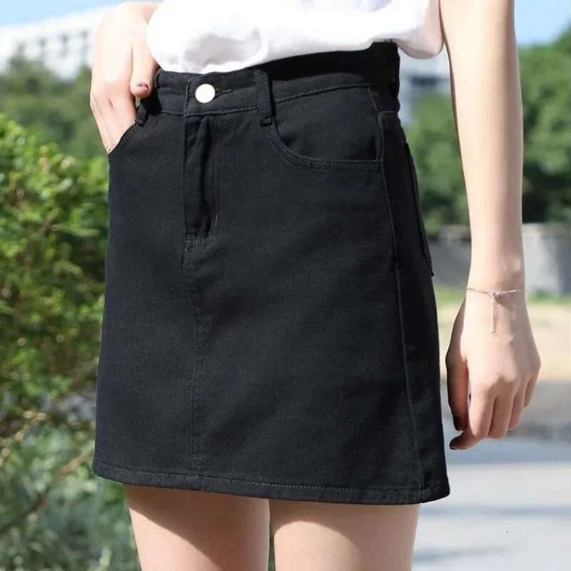 Short Black Woman Denim Skirt Mini Midi with Pocket Jeans Skirts for Women Zipper High Waist Chic and Elegant Clothing Sales V