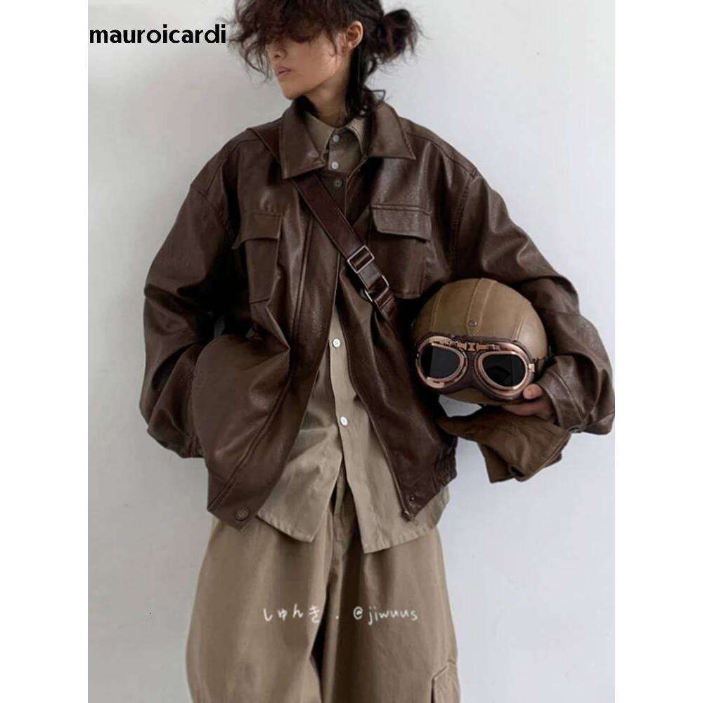 Mauroicardi Autumn Winter Vintage Oversized Cool Brown Black Soft Pu Leather Jacket Men Pockets Loose Casual Unisex Clothes 2023
