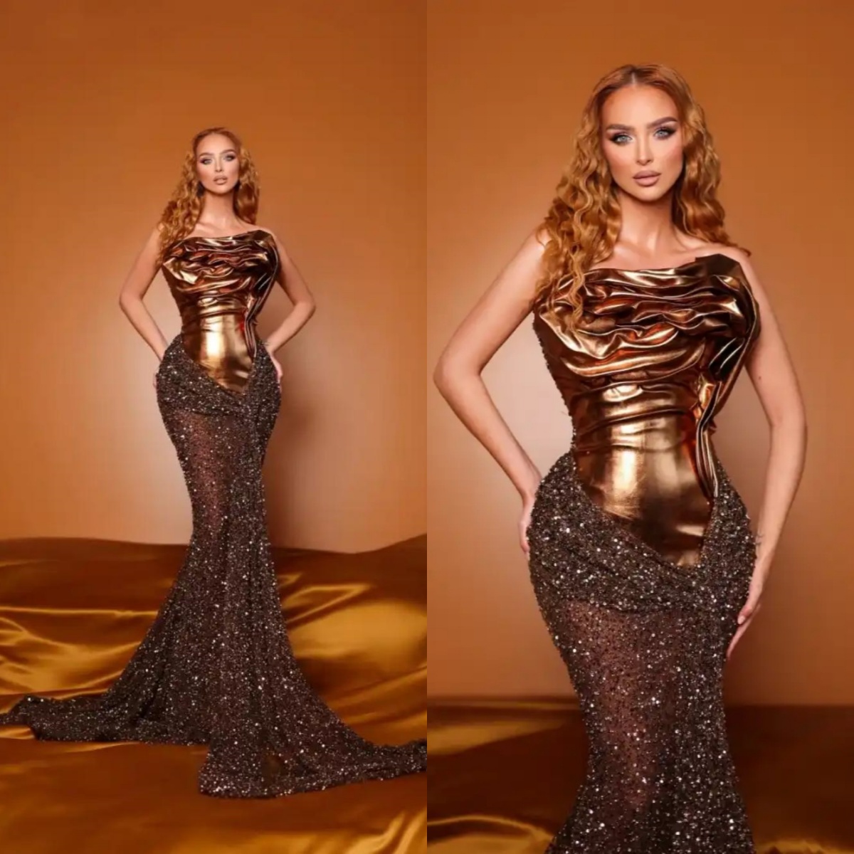 Unique Mermaid Evening Dress Strapless Sleeveless Sequined Prom Gowns Illusion Sweep Train Party Dresses Customized