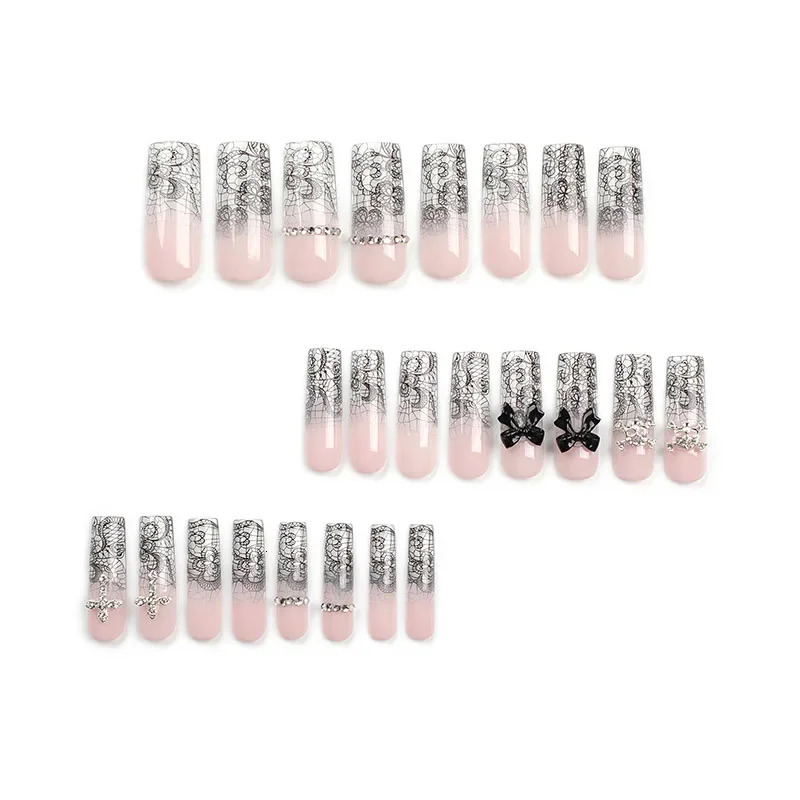 24Pcs Black bow False Nails Diamond Cross Long Ladder Sand Pattern Press on Nail Wearable Nail Tip for Women and Girls 250612