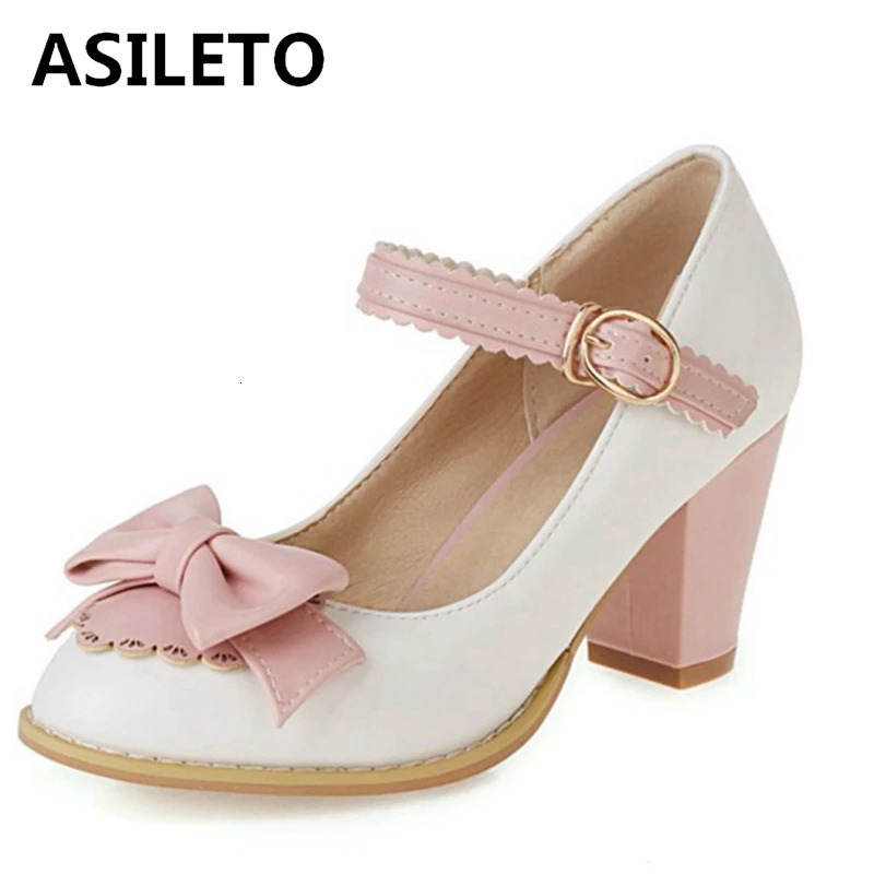 ASILETO Ladies Pumps Round Toe 7cm Block Heels Buckle Bowtie Sweet Cute Vintage All-Match Big Size 48 Party S2131 250613
