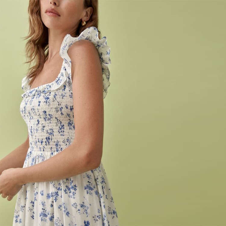 Undefined Dresses for Woman Elegant Calf N668 Summer 2025 Floral Square Neck Stretch Slim Fit Pure Cotton Small Flutter Sleeve Mid-length Dress for Wo