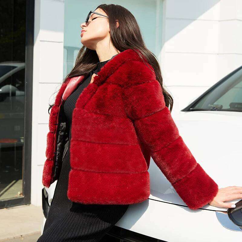 Faux Rabbit with Hood Women, Cropped Winter Jacket, Fashion Style, Fake Fur Coat for Lady