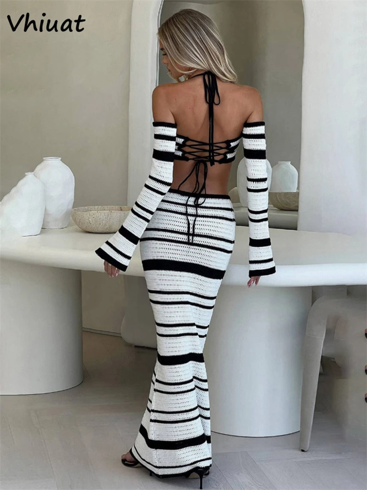 Vhiuat Summer Long Sleeve Tops Long Skirt Suit Women Knitted Beach Party 2 Piece Dress Set Elegant Matching Sets Outfits 250616