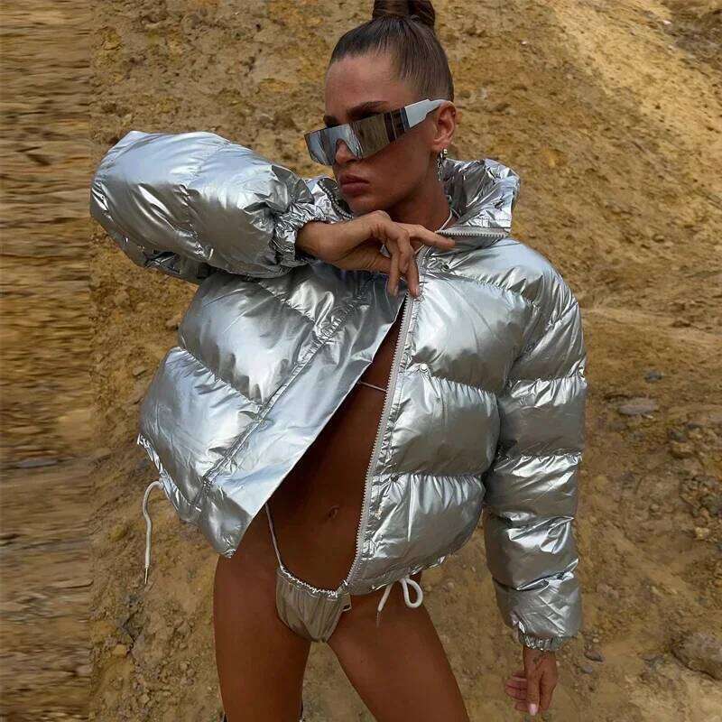 Winter Women Shiny Black PU Puffer Jacket Warm Thick Bubble Bright Metallic Sier Leather Parka Down Coats Street