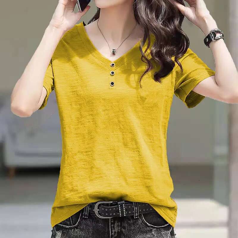 V Neck Top for Women Plain T Shirts Female Short Sleeve Pulovers Yellow Cotton Linen Tees Luxury New In Tall Sexy Slim O Clothes