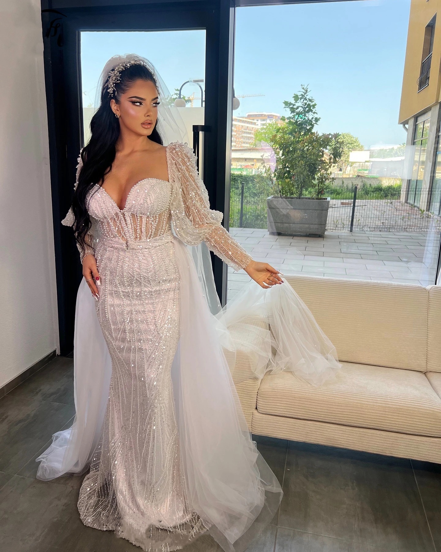 Gracefu Wedding Dresses Pearls Sequins Bridal Gowns with Detachable Train Beading Long Sleeves Mermaid Customized Bride Vestidos De Novia Plus Size
