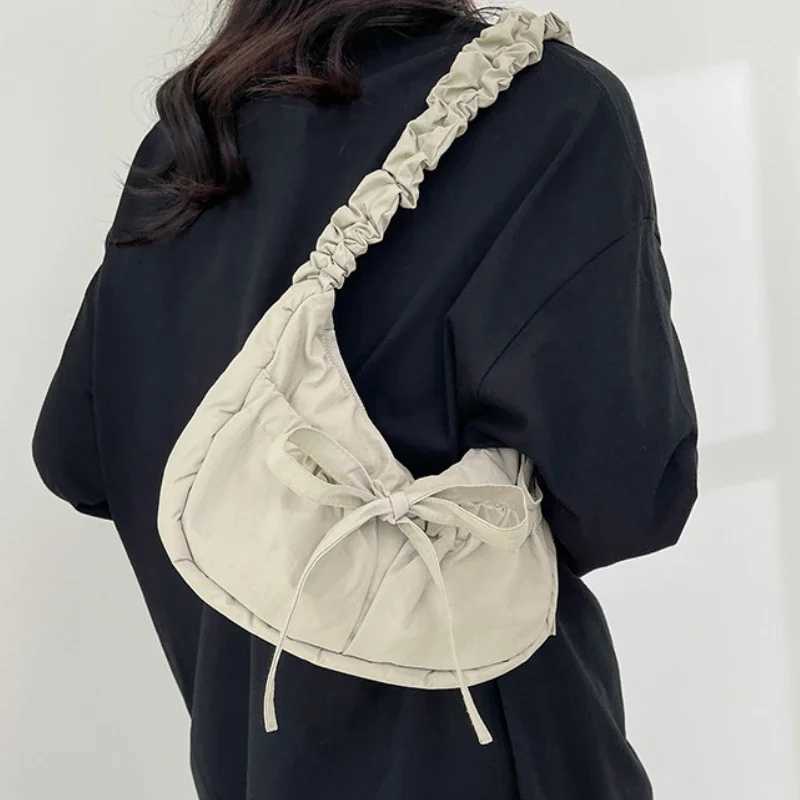 Pleated Strap Womens Sweet Bow Shoulder Bag Solid Color Female Underarm Bags Soft Nylon Ladies Portable Tote Purse Handbags Z250617