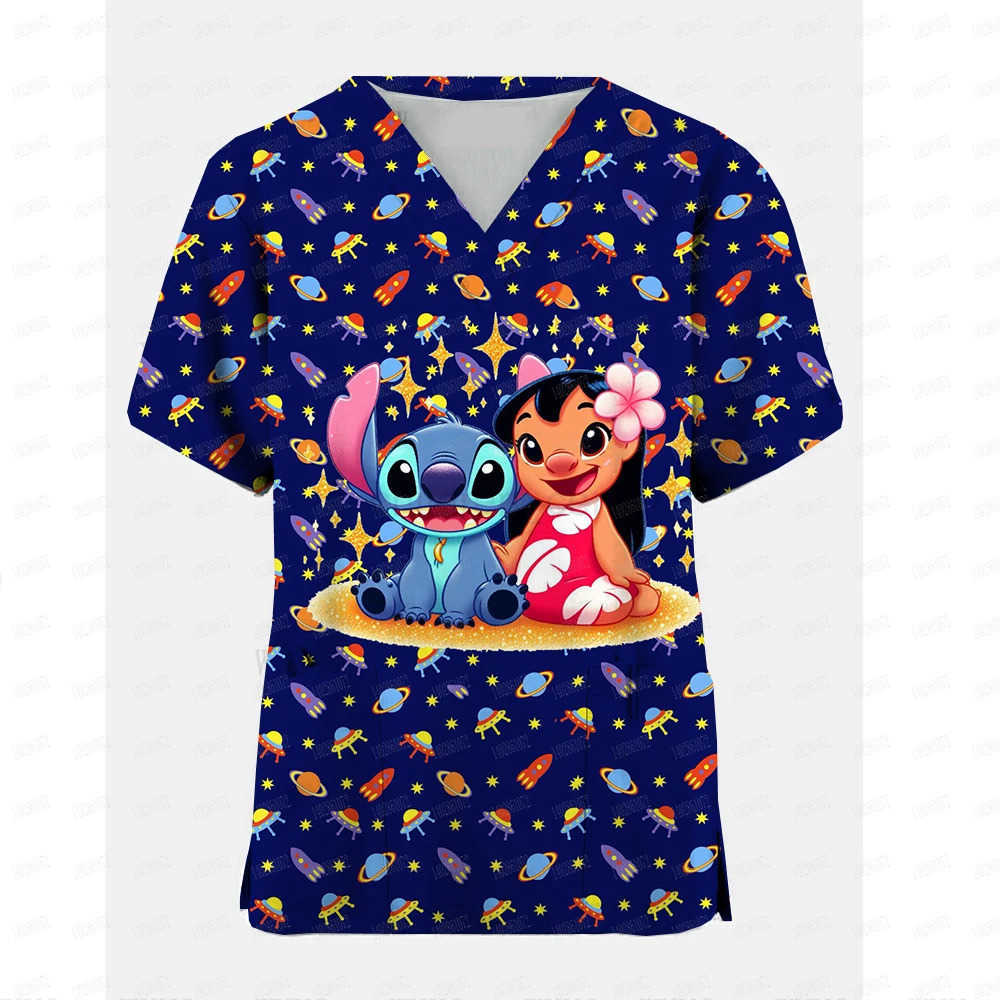 Disney Stitch V Neck Nurse Uniform T-shirt For Girls Womens Hospital Wear T Shirts Woman Pocket Clothes Lady Short Sleeve Top W250617