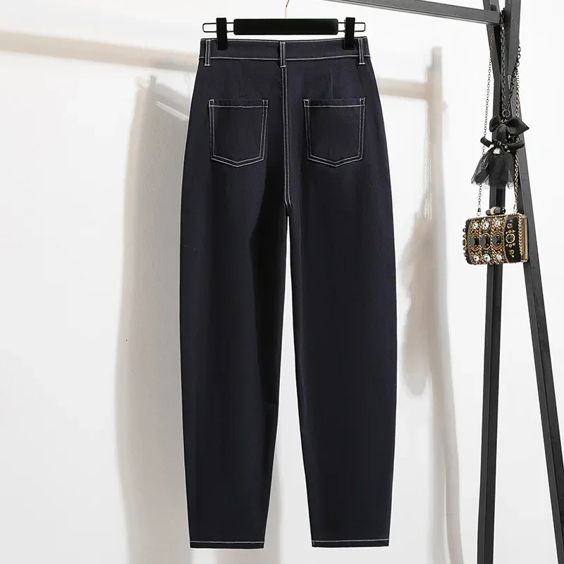 Plus Size High Waist Knitted Denim Jeans Womens Spring Autumn Of The Season Loose Slimming plus Size Big MM Dad 250609