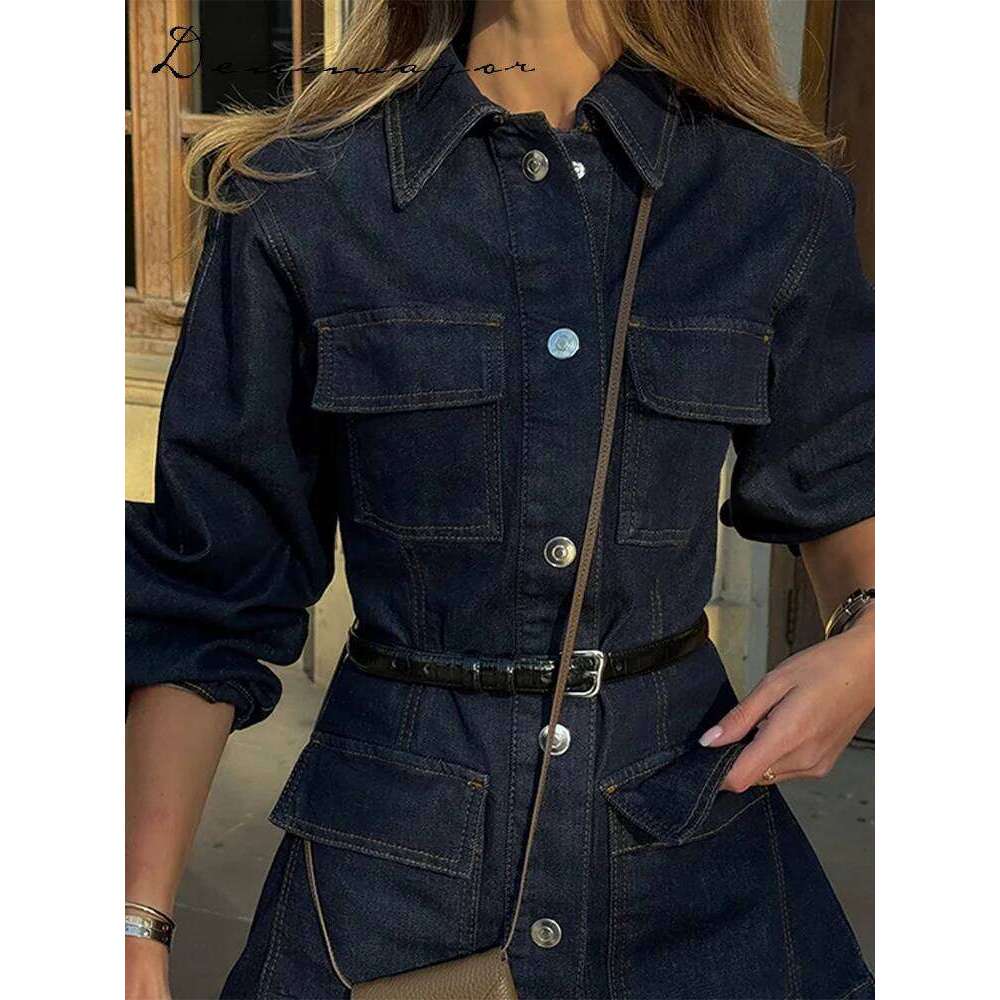 Vintage Belt Denim Coat Women Solid Lapel Long Sleeve Pockets Mid Length Female Jacket 2025 Spring Fashion Street Lady Outwear