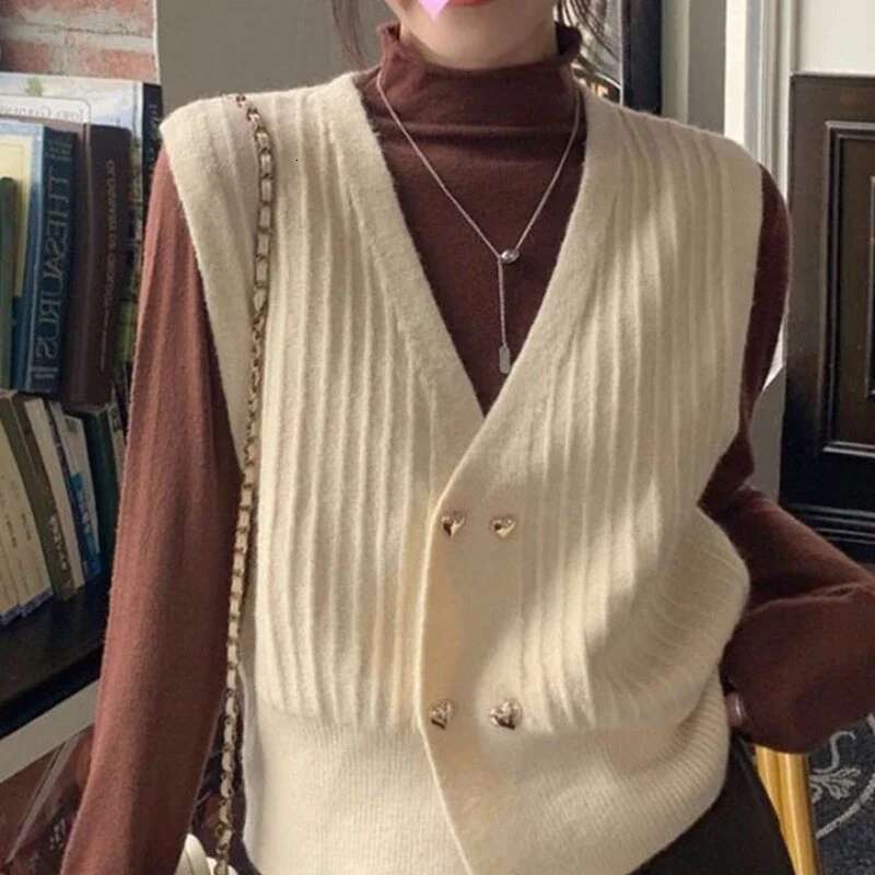 Winter Button Knitted Top for Women Brown V-neck Ladies Sweaters Vest Warm Thermal Blouse Tall Tops Crochet Trend 2025 Jersey