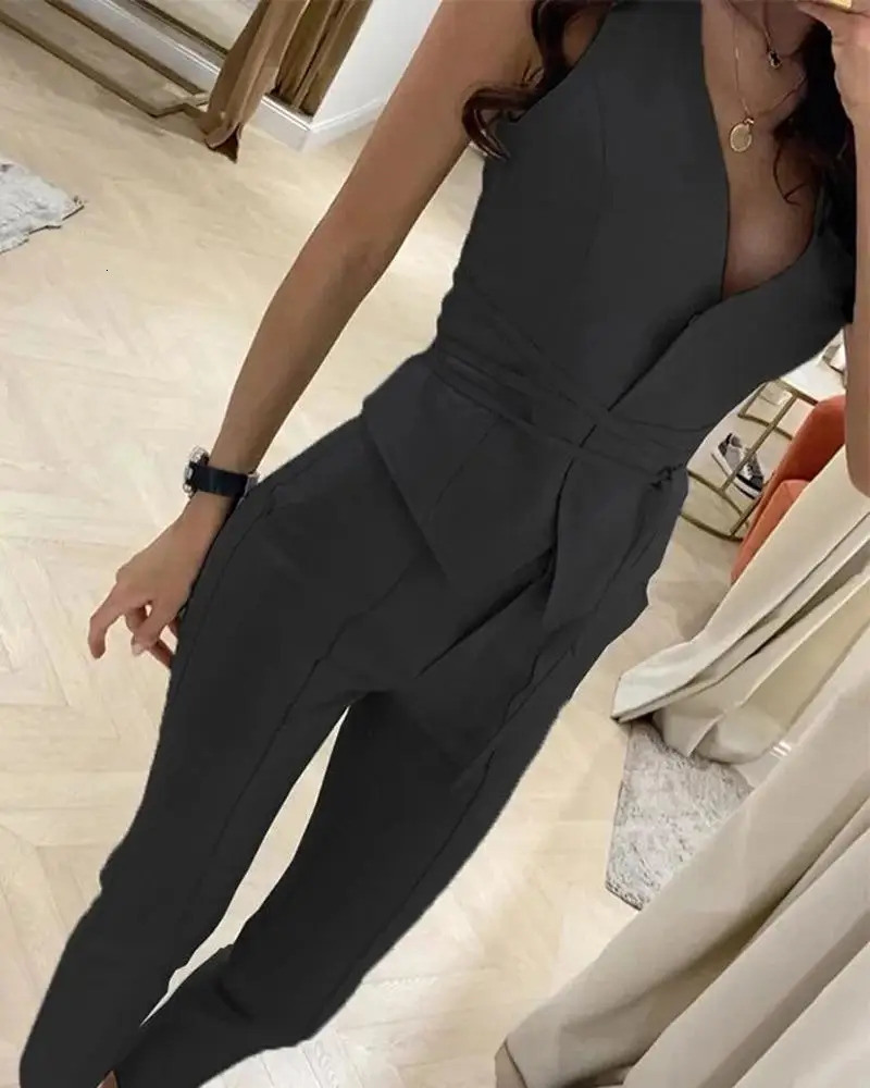 Womens Plain Blazer Vest and Work Pants Set Sleeveless Top Monochromatic High Waist Casual Clothes Spring Summer 2Pcs 250612