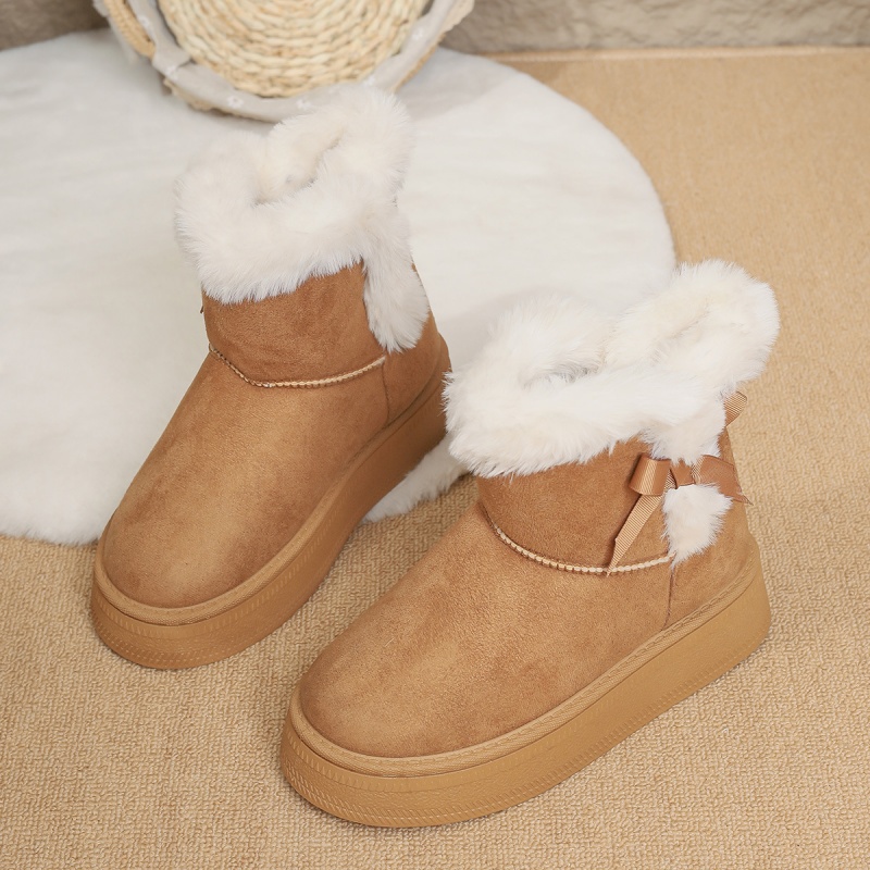 2025 Free Shipping Designer Winter New Snow Cotton Boots for Women, Thick Bottom Butterfly Knot, Casual and Thick Velvet, Warm and Anti slip black kha