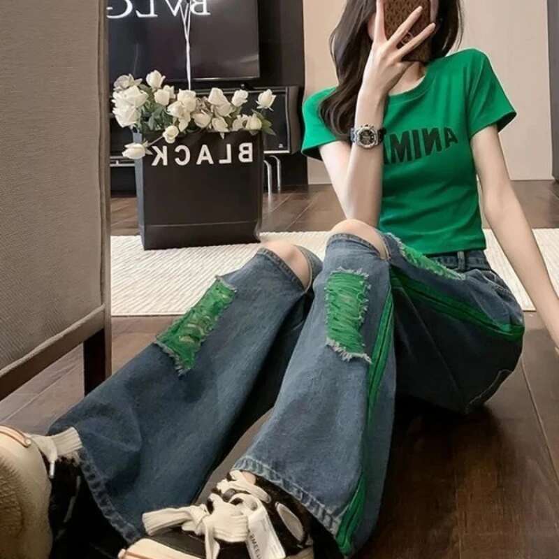 With Holes Female Cowboy Pants Wide Leg Womens Jeans Korean Popular Clothes Japanese Y2k 2000s Trend 2025 Pant Grunge Trousers
