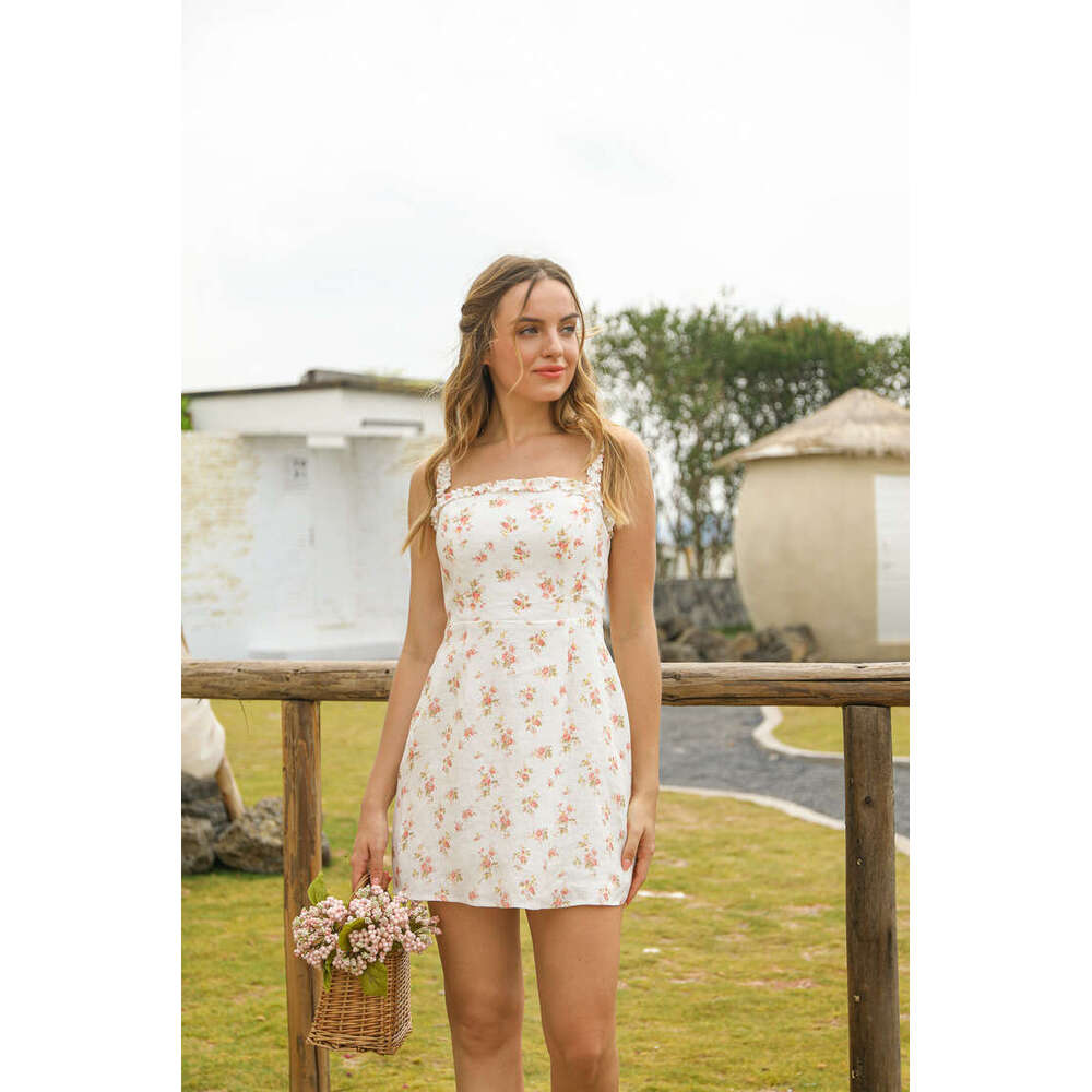 June Vestidos Elegantes Goth Undefined N333#ref Linen Floral Print Strap Bridesmaid Dress 2025 Summer French Style Womens Clothing