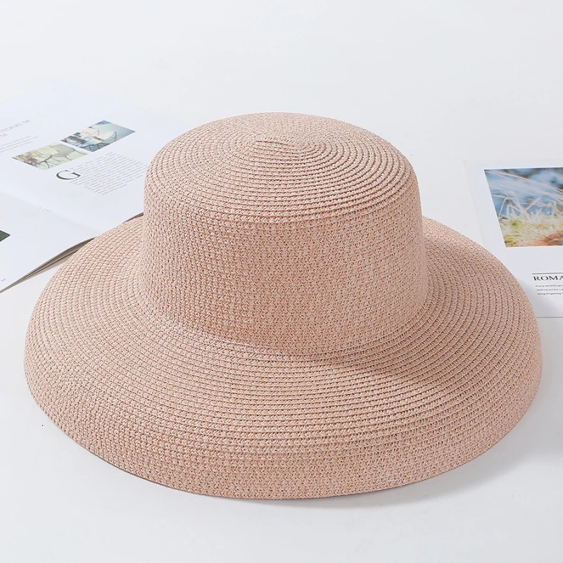 HT2303 Summer Sun Hats Ladies Solid Plain Elegant Wide Brim Hat Female Round Top Panama Floppy Straw Beach Hat Women 250616