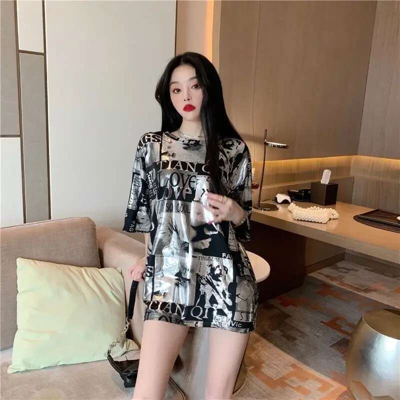 Summer Outfit Woman Tops Glitter T Shirt for Women Cheap Clothing Sales Female Y2k Fashion Korea with Sleeves Korean Streetwear