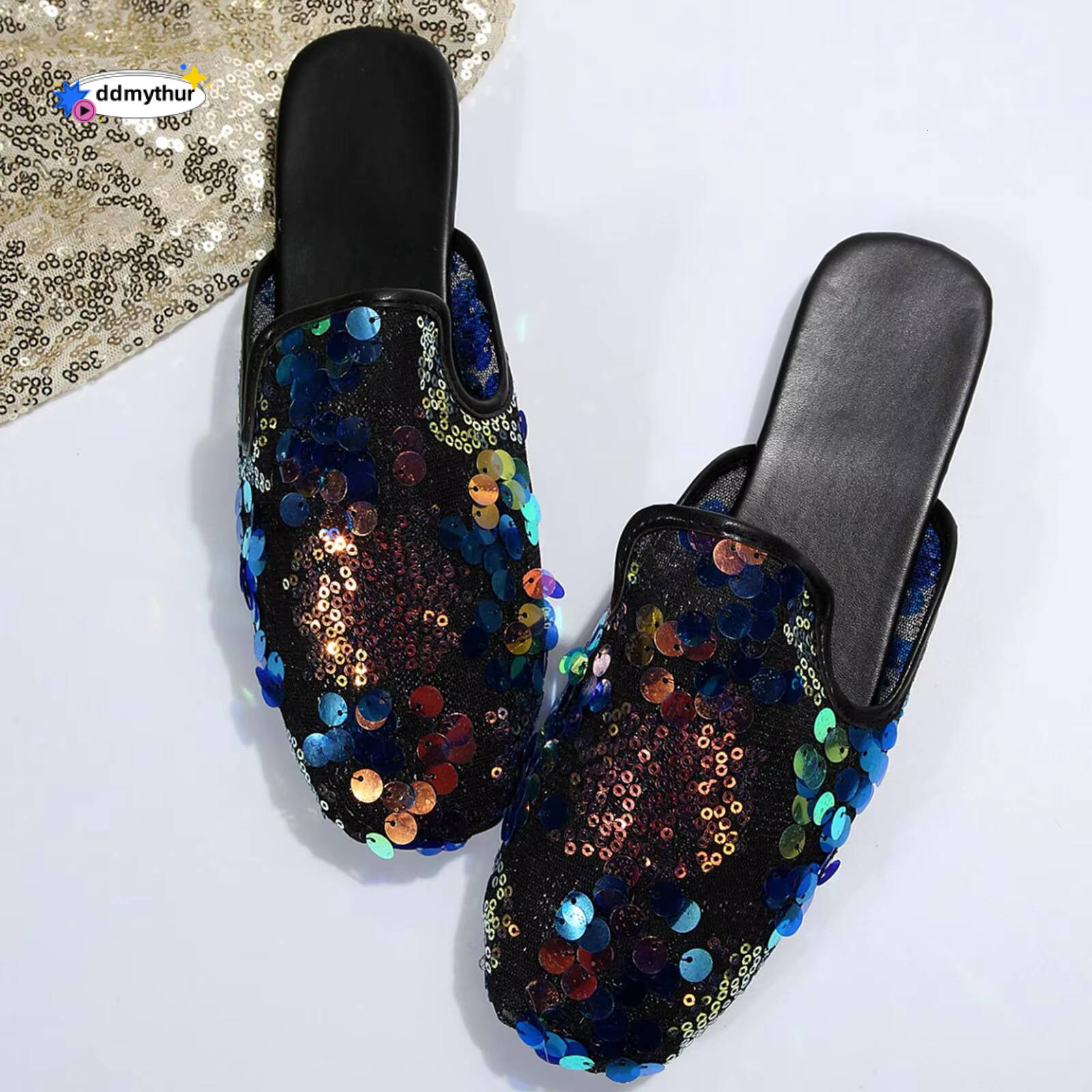 Women Casual Shoes Sequin Decoration Slipper Square Toe Flat Bottom Comfortable Platform Sandals Slides Outdoor Beach Slippers ddmythur