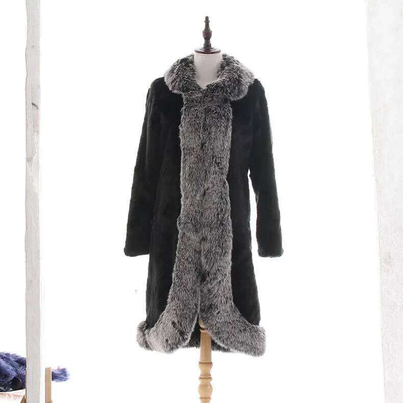 Winter Fall Women Fashion Grey Faux Fox Fur Collar Black Mink Coat , 3xl 4xl Thick Warm Elegant Coats Long Jacket for Woman