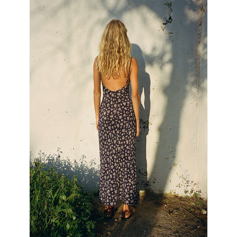 Festival Birthday Dress Vestidos 690 Low-cut Silk Spaghetti Strap Asymmetrical Long Backless Dress Printed French Vacation Style Feminine