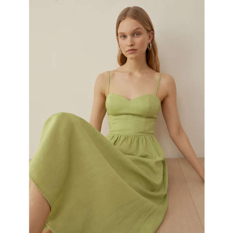 Maxi Dress for Women Bodycon Dresses for Women Skirt Robe Sexy June 417#summer New Green Strap Linen Mid-length Dress 2025 French Style Womens Fashion