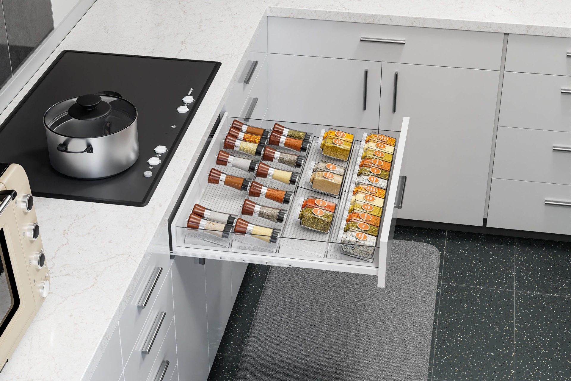 4-Tier Clear Acrylic Spice Drawer Organizer 4-Pack Expandable (11"-22") Rack for Seasoning Bottles Stackable Drawer Insert with Adjustable D