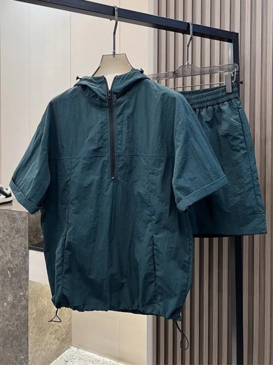 Summer Cargo Hooded Tracksuit Short Sleeve T-shirt Zipped and Shorts Outfits Quick Drying Solid Casual Outdoor Sport Clothes Set 250616