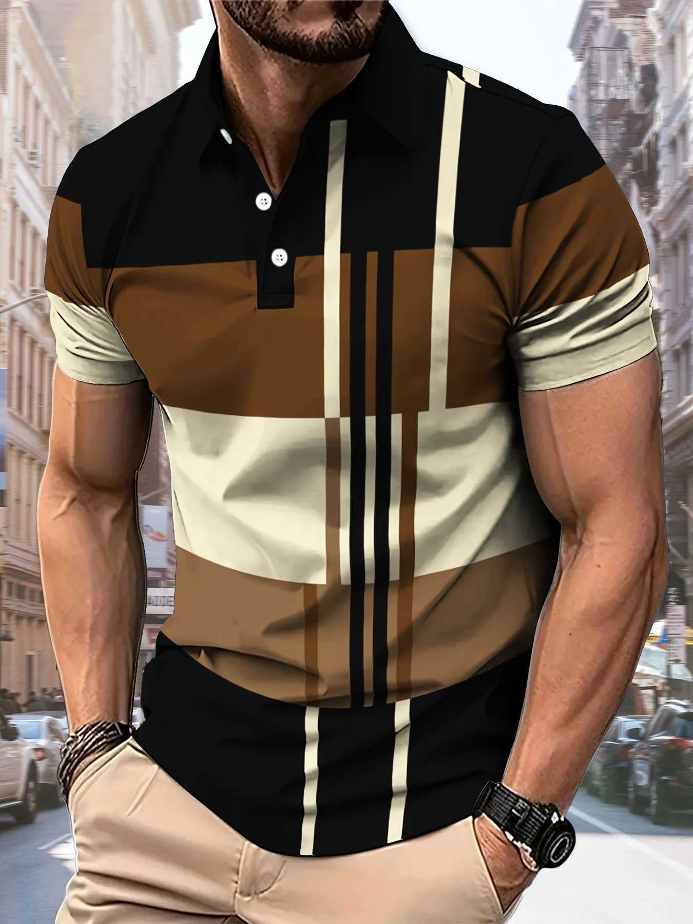 Summer New Mens Short Sleeve Lapel Business Polo Shirt 3D Digital Print Stripe Polo Shirt Sport Button Pullover Casual Tops XJ250617